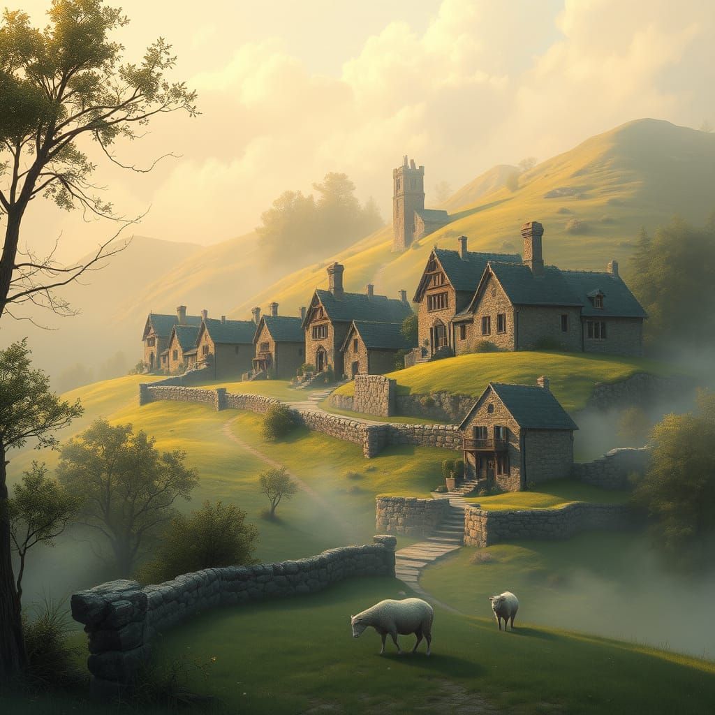 Idyllic Hillside Village with Sheep, in Kinkade Style