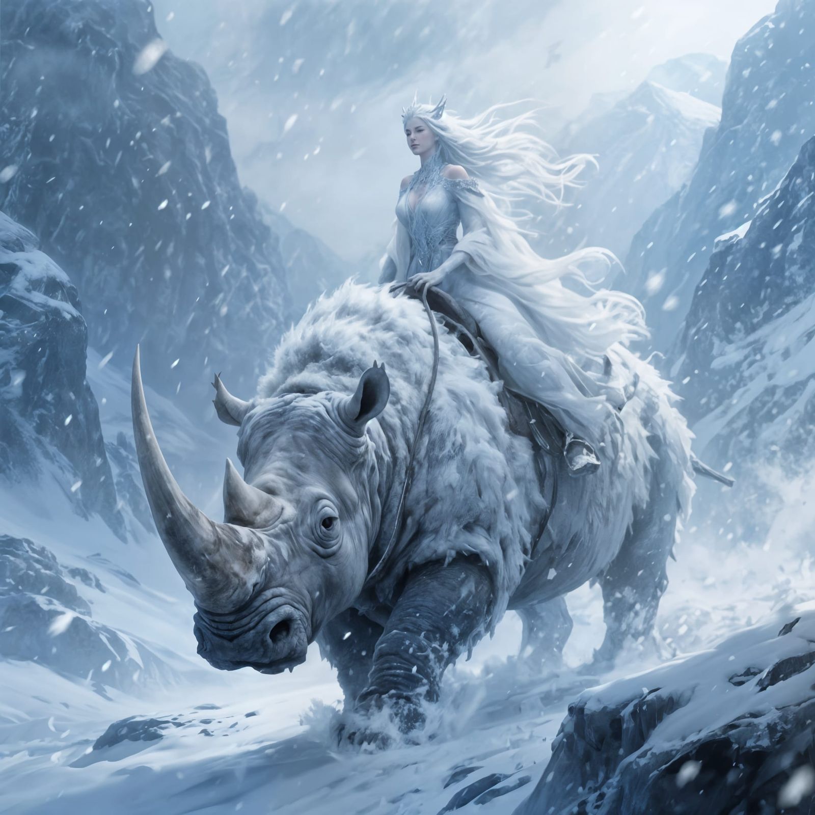 Ice Queen Rides Woolly Rhino Through Blizzard