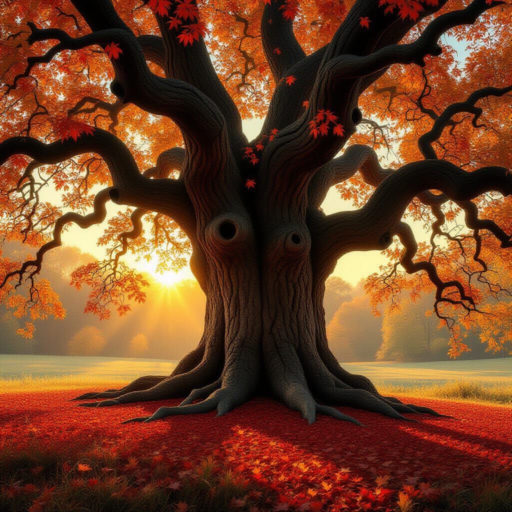 Majestic Ancient Oak Tree in Autumn Clearing