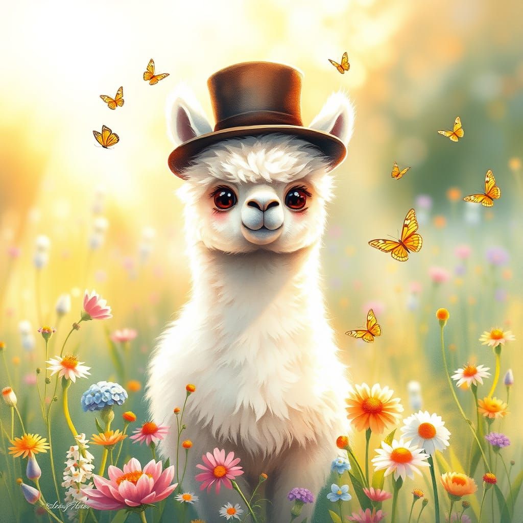 A whimsical scene of a cute, fluffy alpaca wearing a tiny top hat, standing in a vibrant meadow filled with wildflowers,...