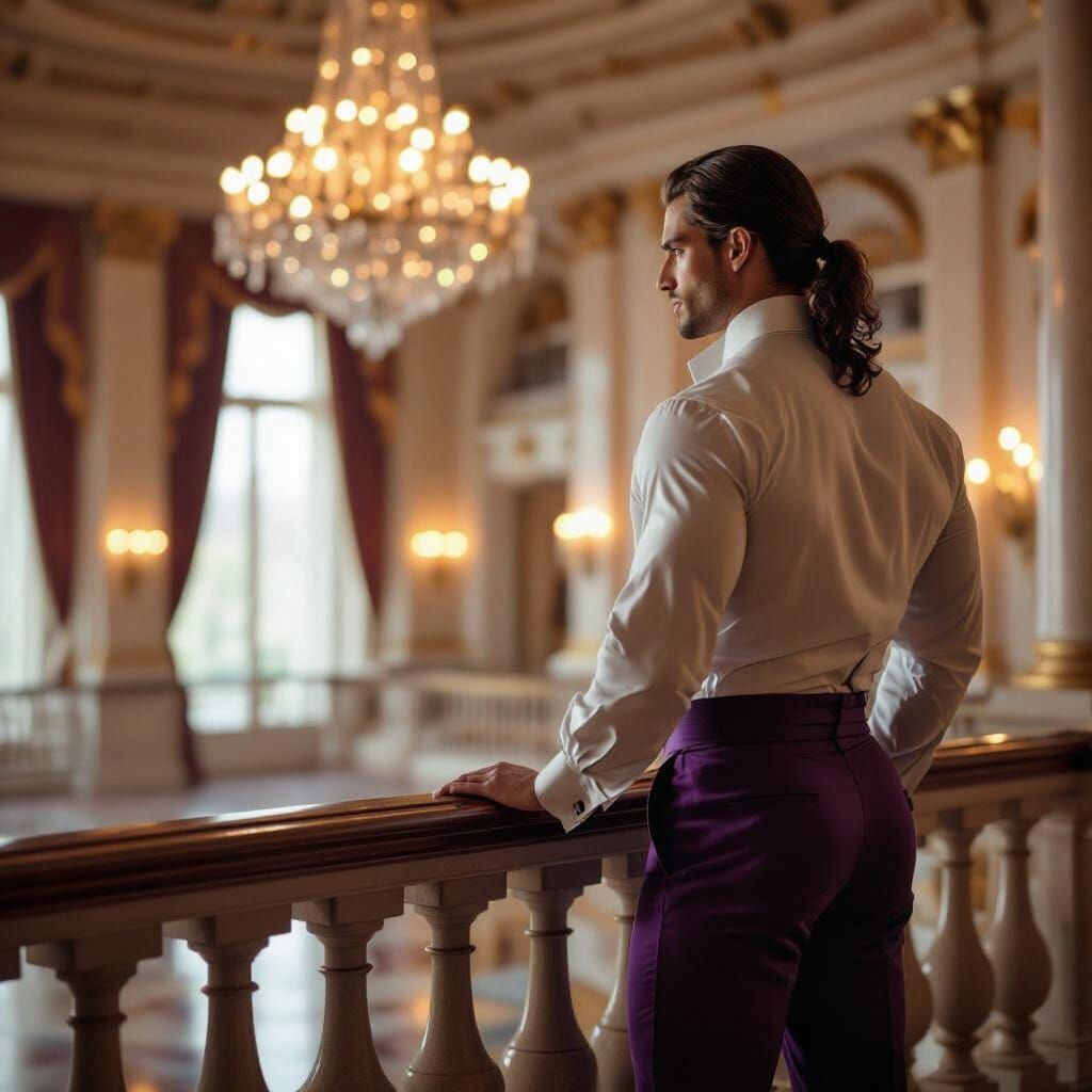Muscle-Bound Prince on Ballroom Balcony in Photorealistic St...