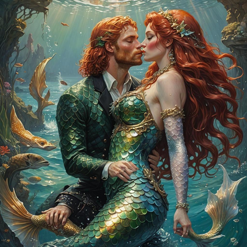 Mermaid's Kiss: Ornate Red-Haired Siren in Oil Painting
