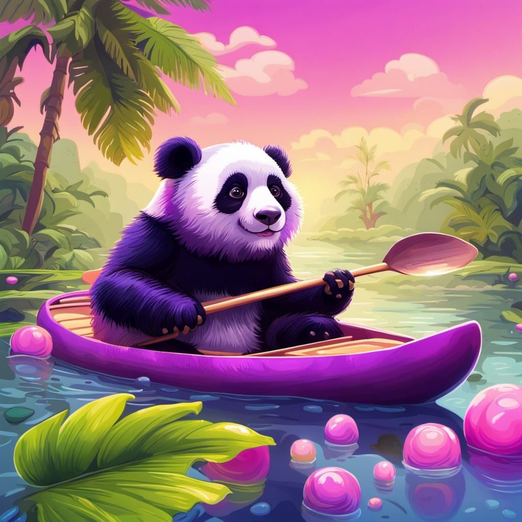 Pint sized Purple panda paddling a palm leaf in a pretty pond