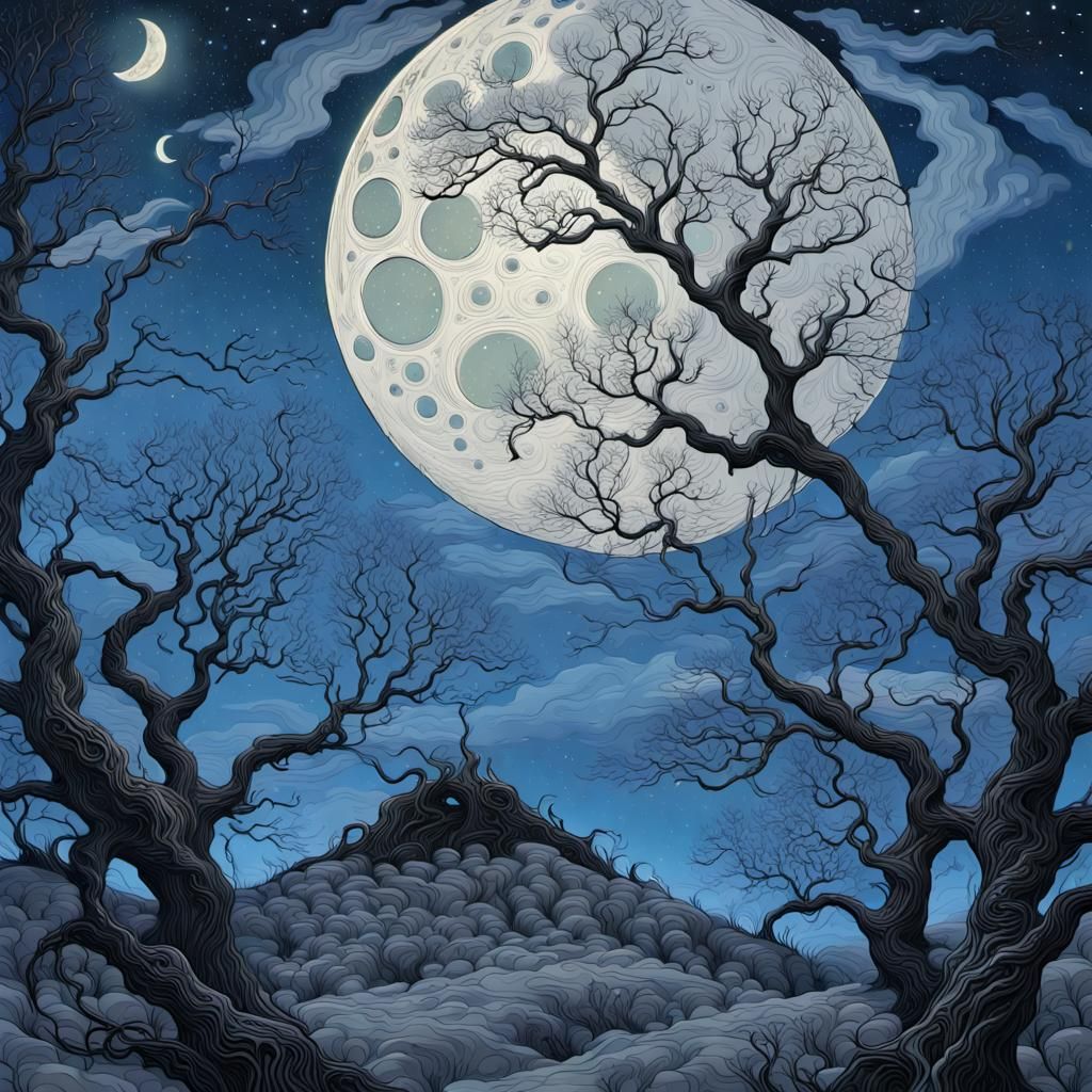 Crescent Moon Over Hilltop Tree: Detailed Acrylic Matte Pain...