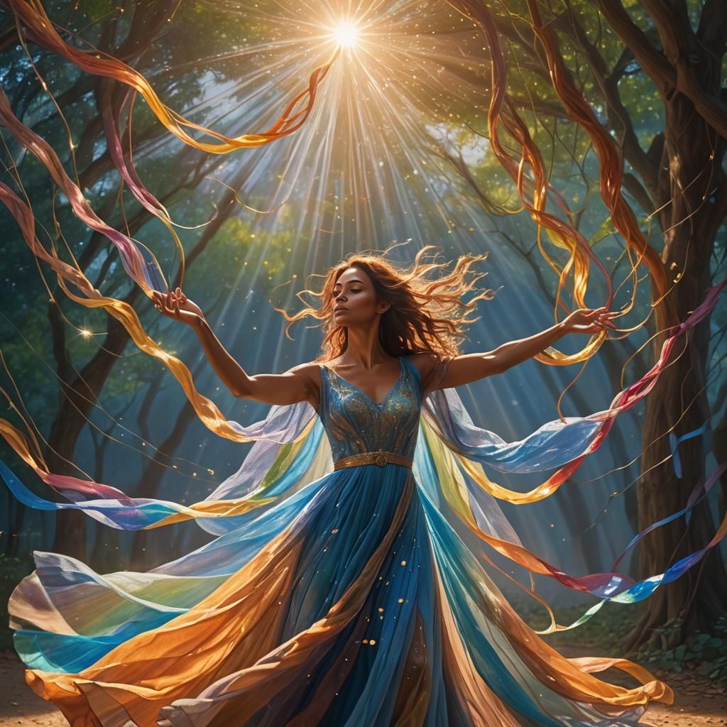 Woman Pulling Rainbow Light in Mystical Realism
