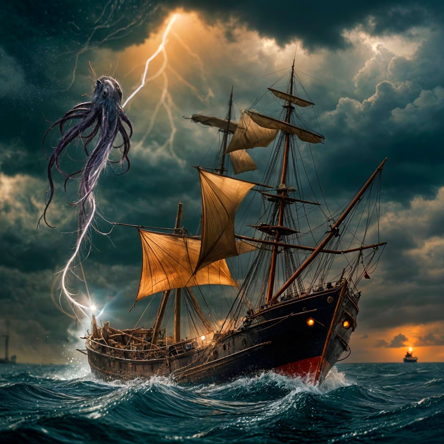 Giant Squid Attacks Ship in Lightning Storm