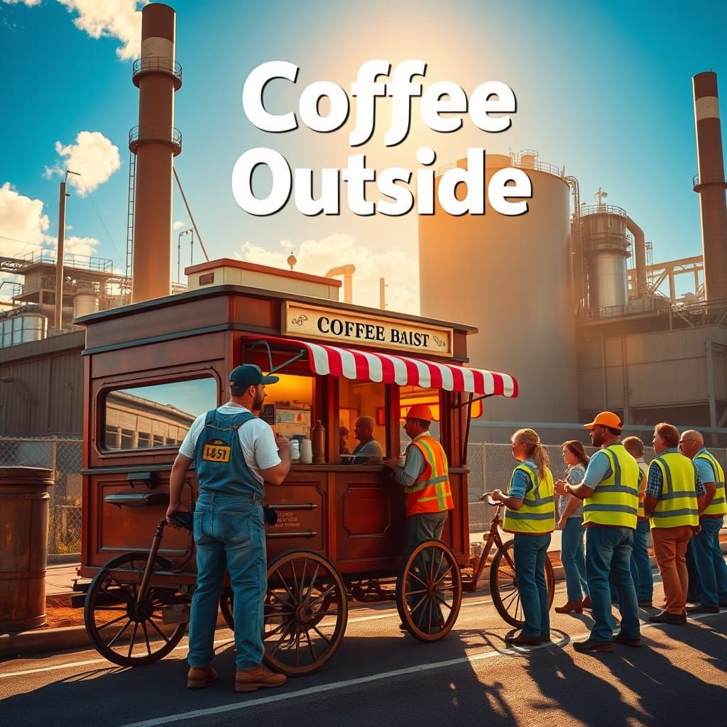 Coffee Wagon Outside Factory in Photorealistic Style