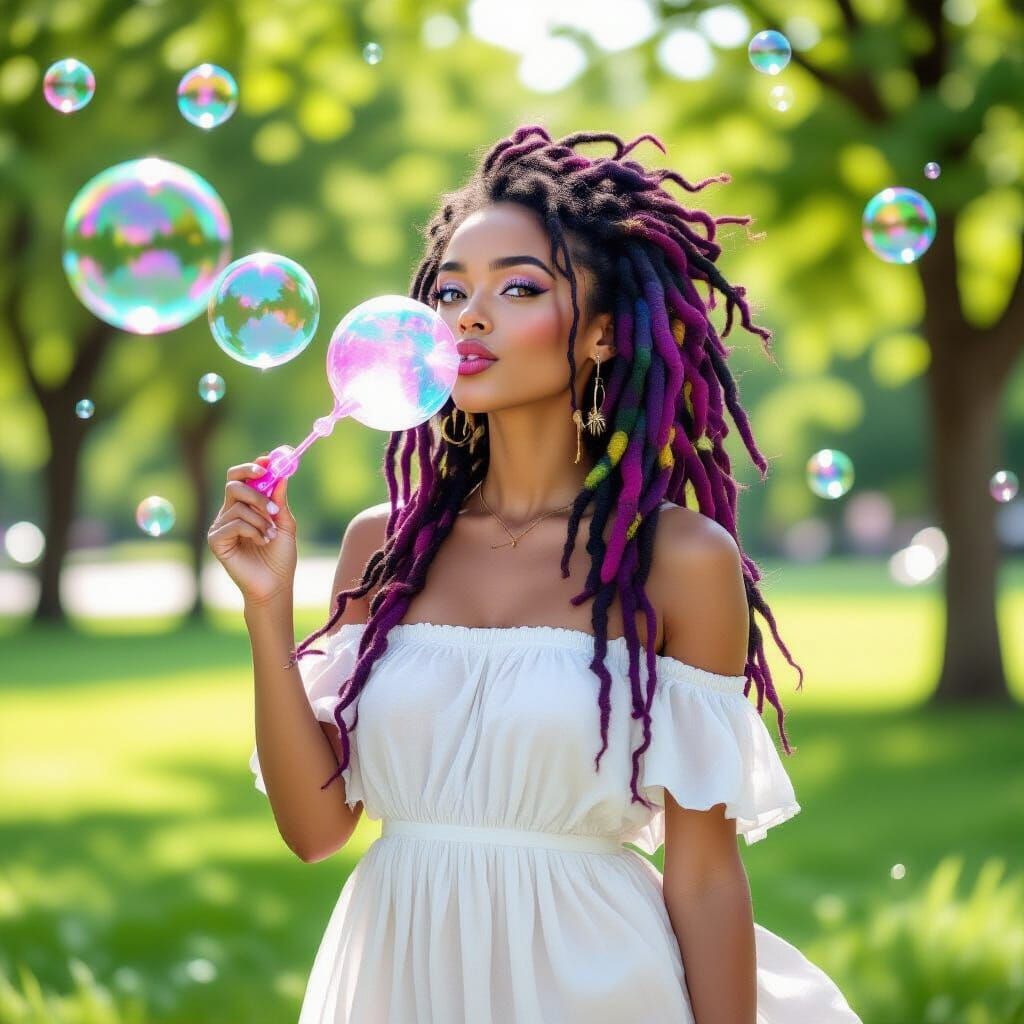 Woman with Dreadlocks Blowing Bubbles in Park