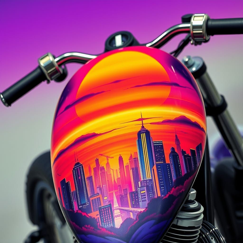 Airbrushed Motorcycle Tank with Sunset Cityscape