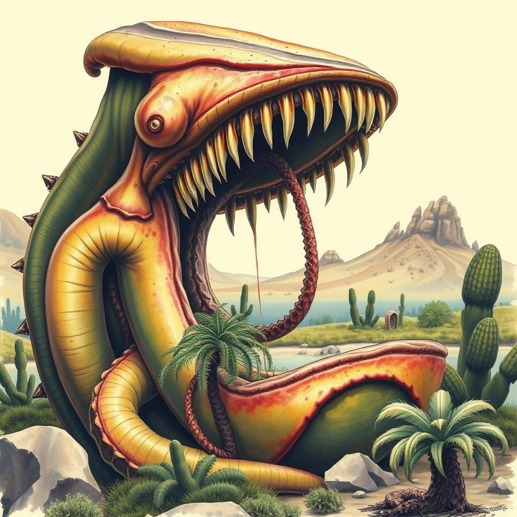 huge carnivorous plant laying ambush in an oasis, the plant'...