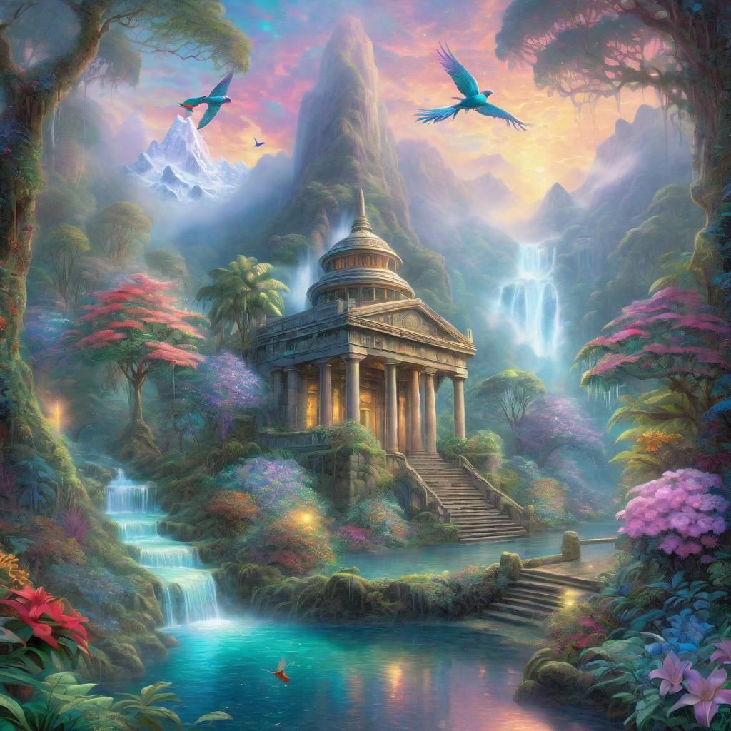 Ethereal Rainforest Temple with Waterfall, Mixed Media