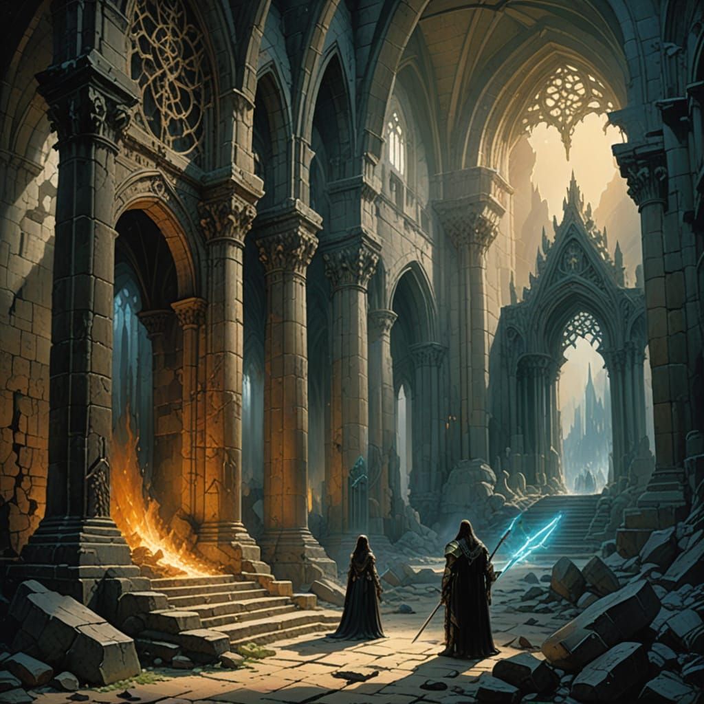 Fantasy Couple on Shattered Thrones in Ruined Cathedral