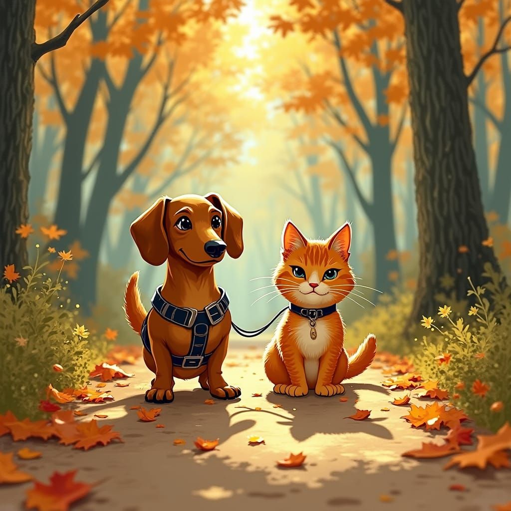 Dachshund and Tomcat Stroll Through Autumn Forest in Whimsic...