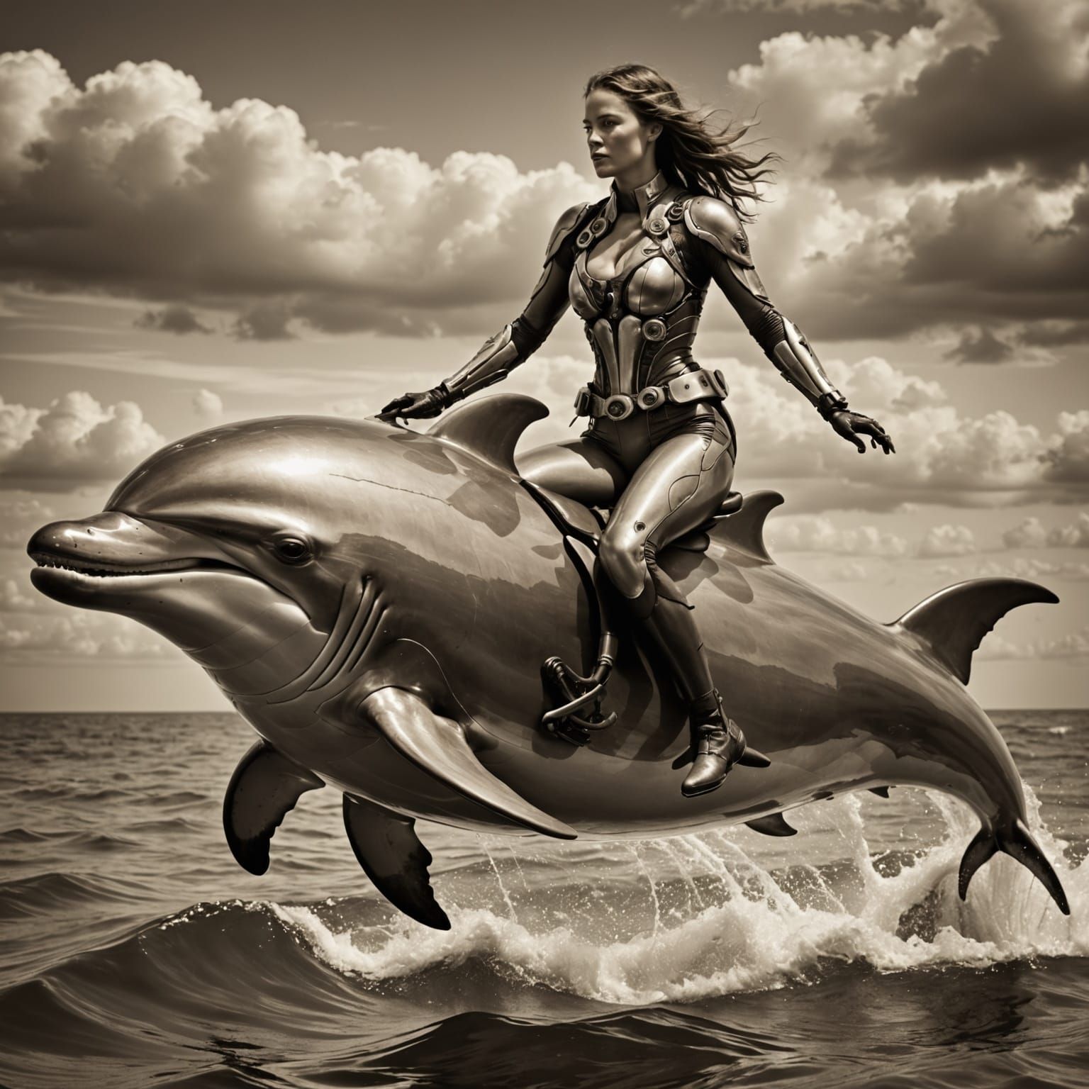 Cyborg Woman Rides Dolphin in Vintage Sepia Photo