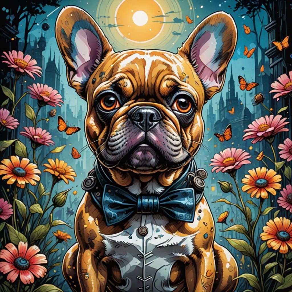 Whimsical Steampunk French Bulldog in Comic Book Art Style