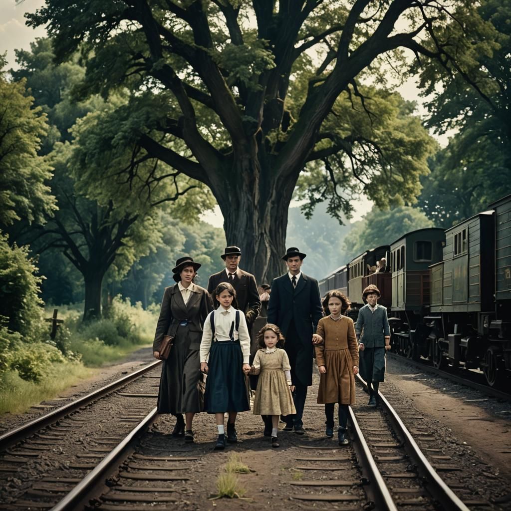 Family Moving Away Along Railway, Cinematic Film Still