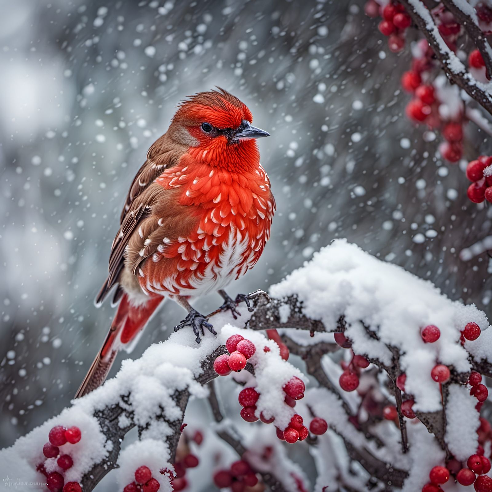 Red Bullfinch in Heavy Snow, Hyperrealistic Winter Scene