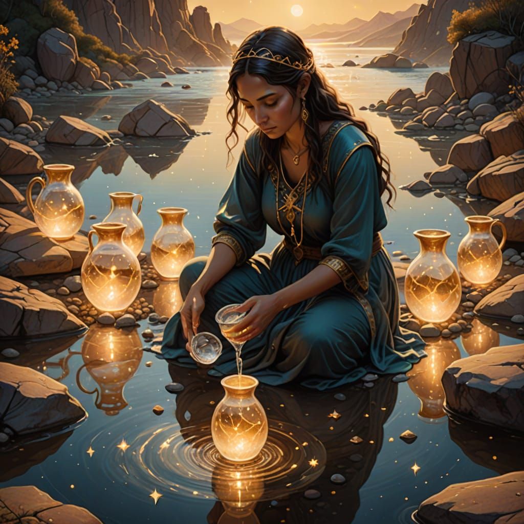 Ethereal Woman Pouring Water: Surreal Tarot Art