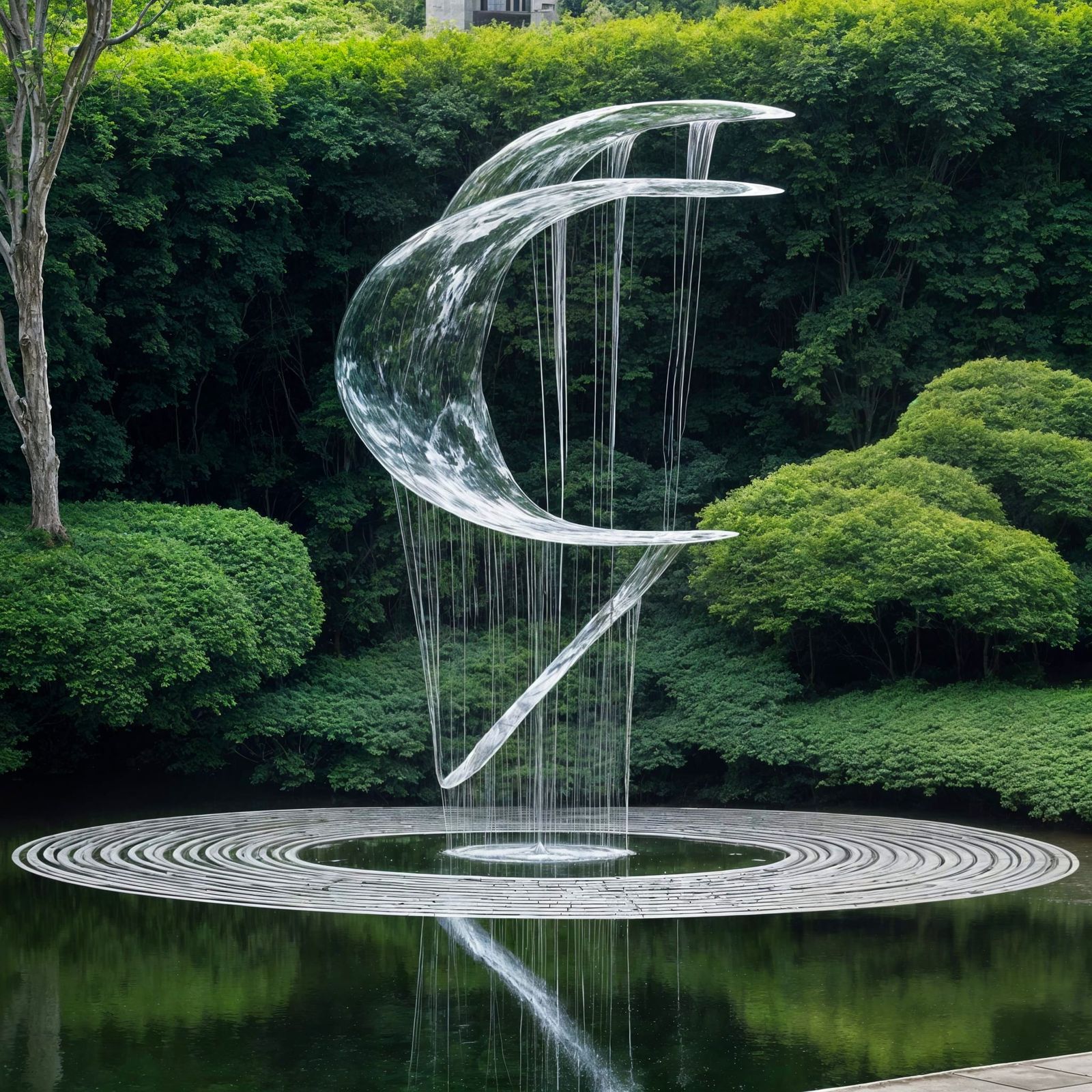 Gravity-Defying Abstract Sculpture with Ascending Water