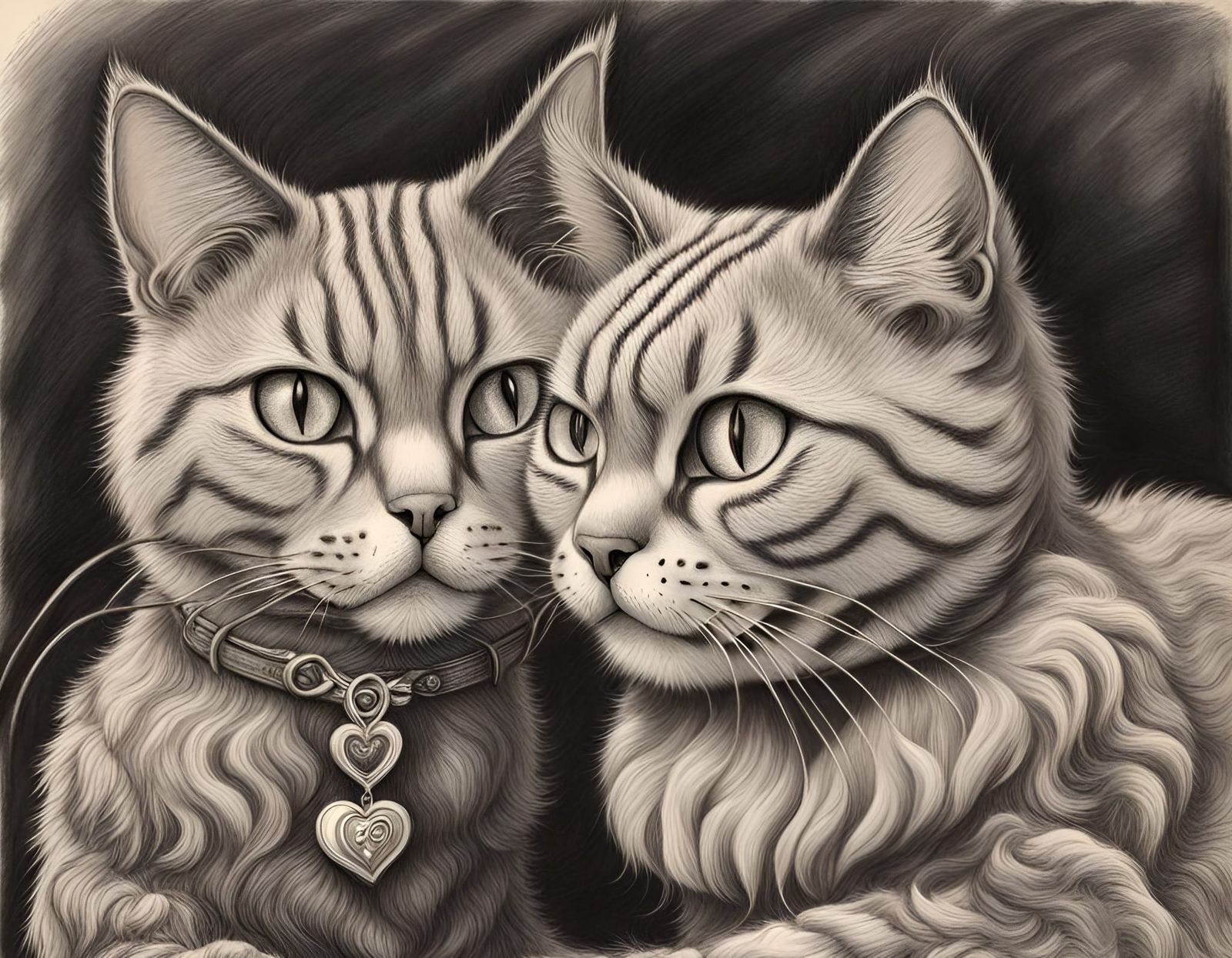 Whimsical Cats in Love: Valentine's Day Charcoal Drawing