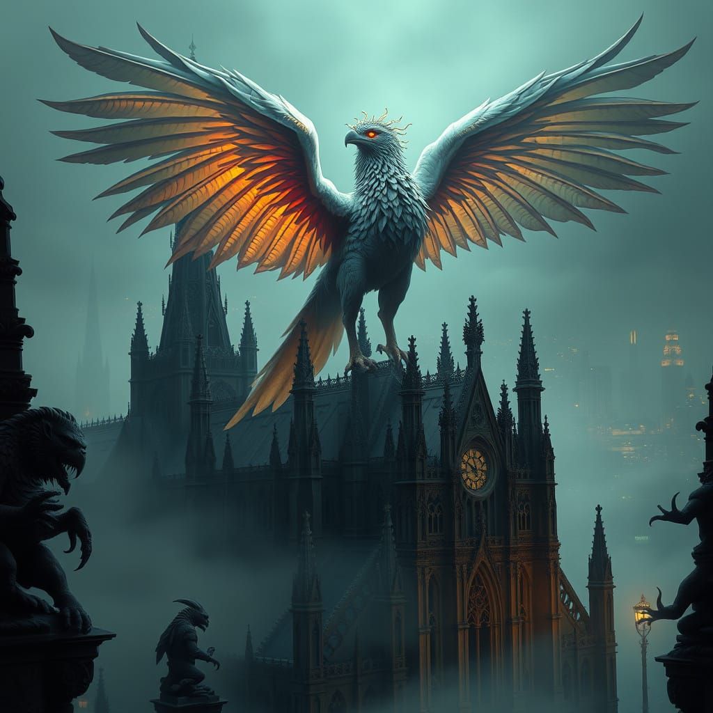 Griffin Overlooking Gothic Cityscape with Iridescent Feather...