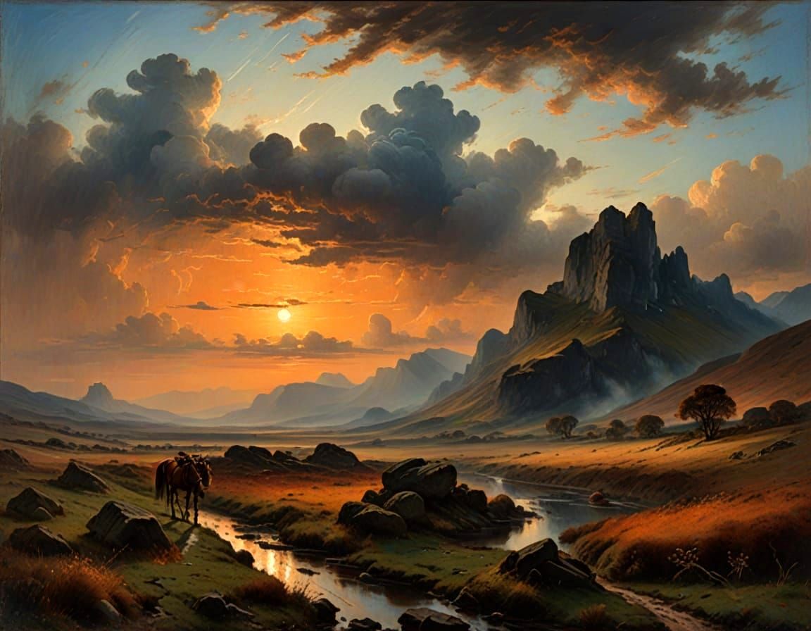 Ethereal Mountain Landscape at Sunset in Romantic Style