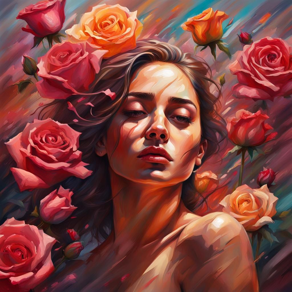 Nude Woman Surrounded by Roses: Hyperrealistic Art