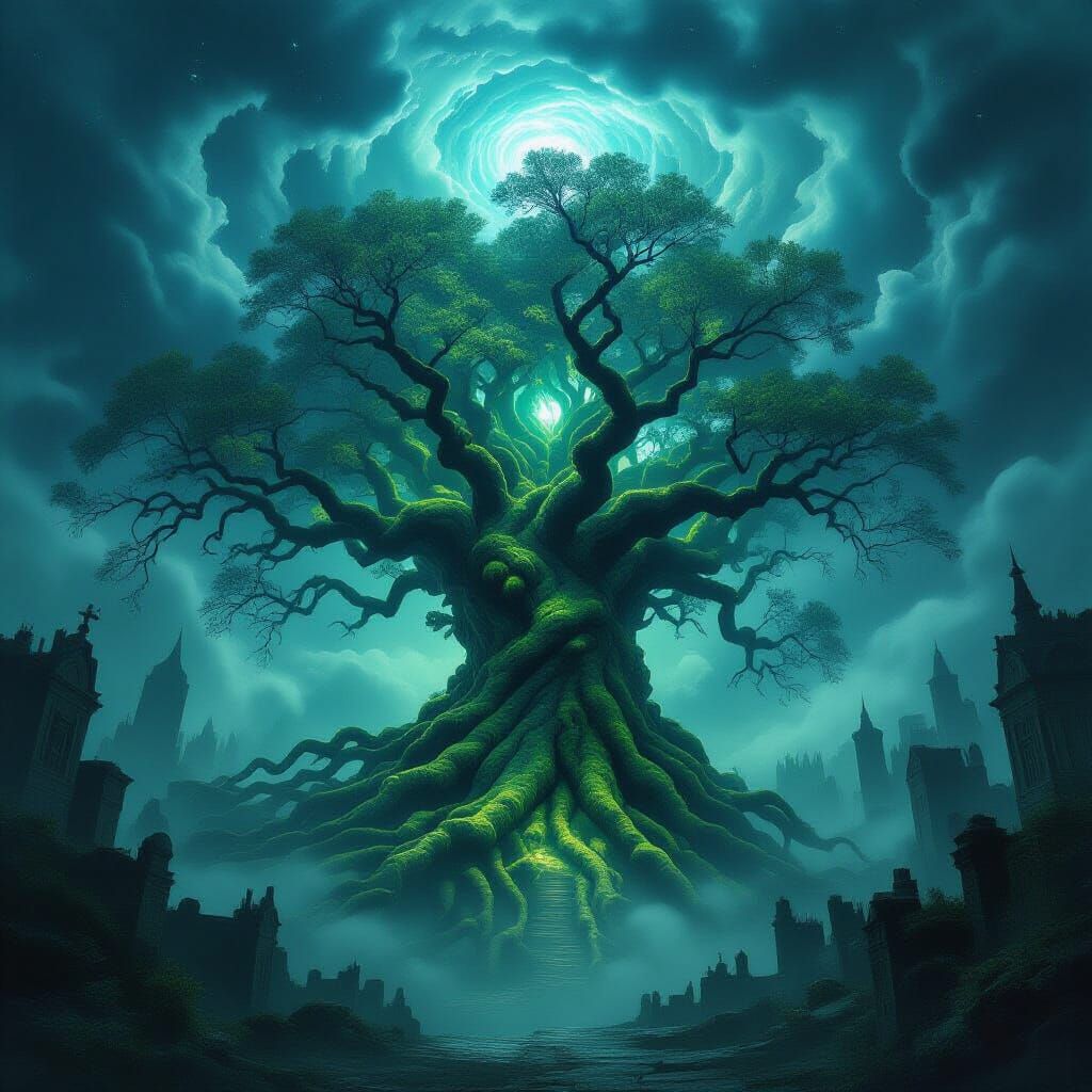 Ancient Bioluminescent Tree Engulfs Mist-Shrouded City