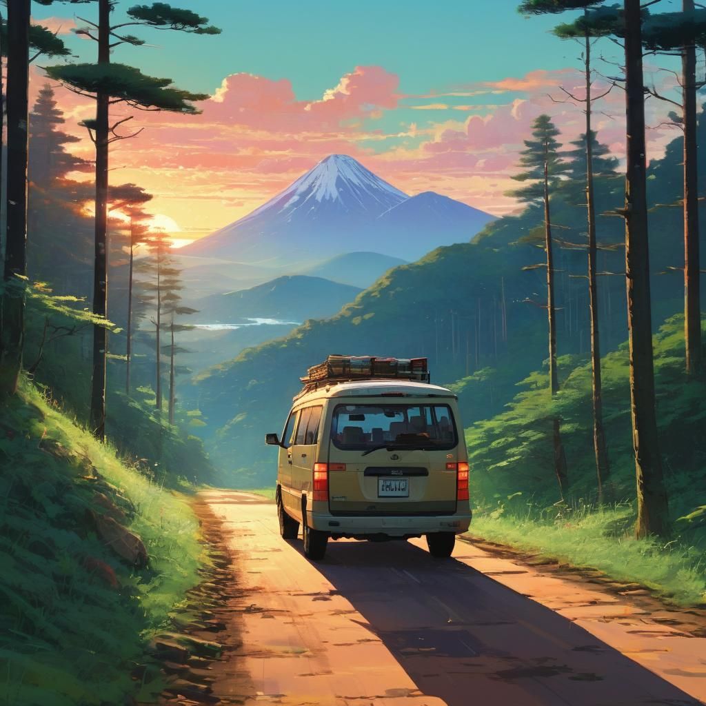 Mitsubishi Delica Sunset Drive in Anime Style