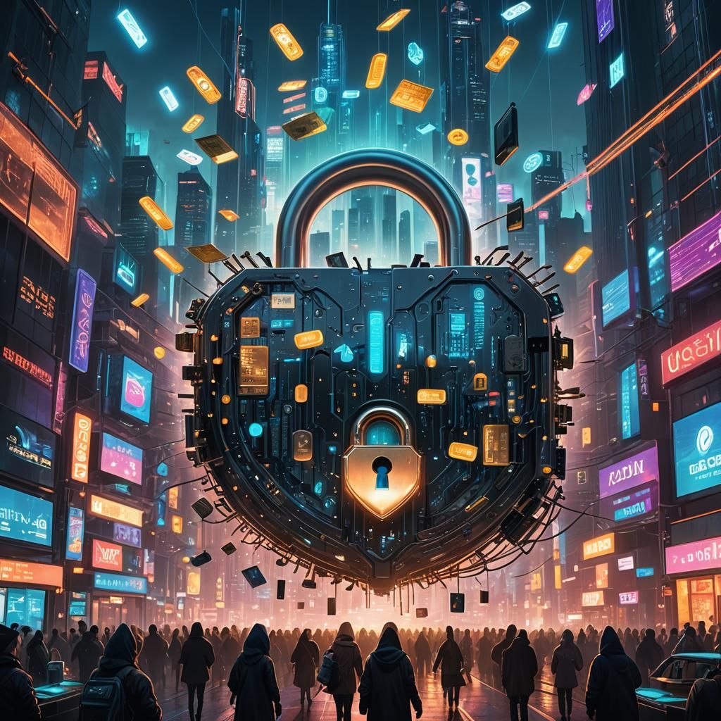 Cyberpunk Payment Security in Cityscape at Dusk