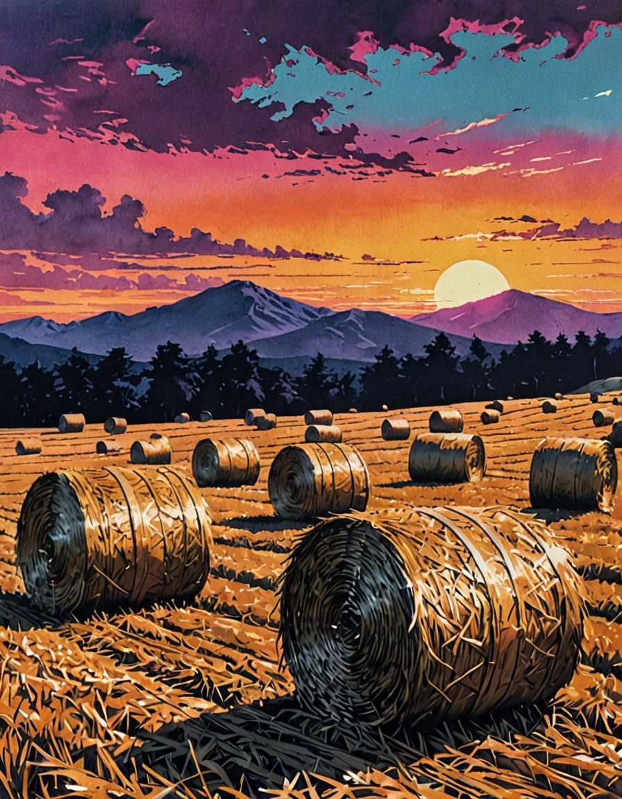 Vaporwave Sunset Hay Bales in Metallic Ink