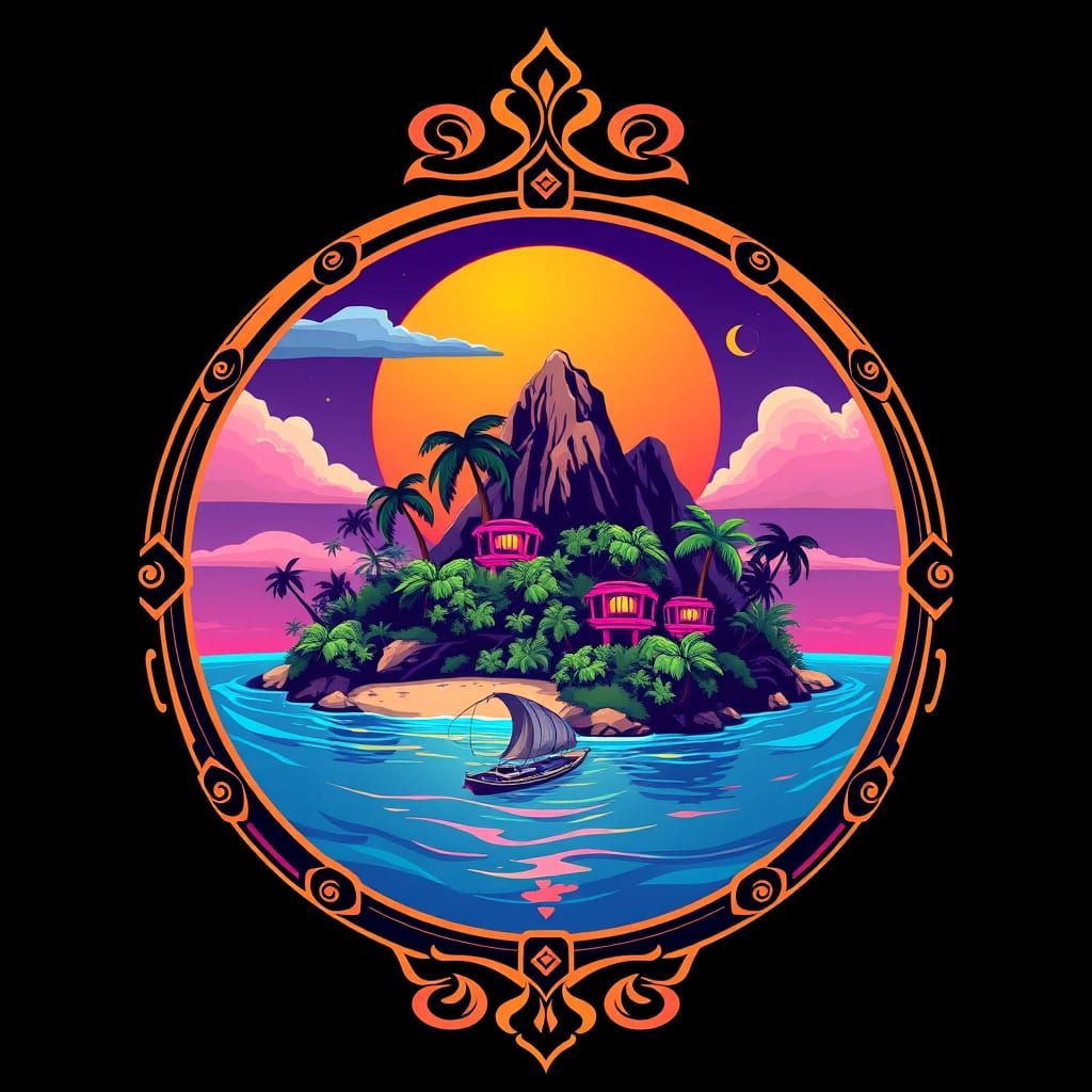 Tropical Futuristic Island in Bold Ornate Frame with Flux St...
