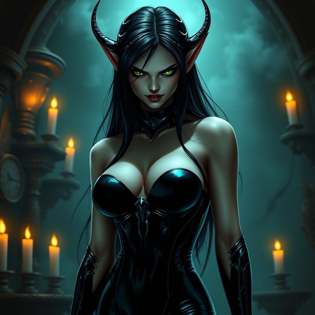 Ethereal Vampire Elf Goddess in Dark Latex Attire
