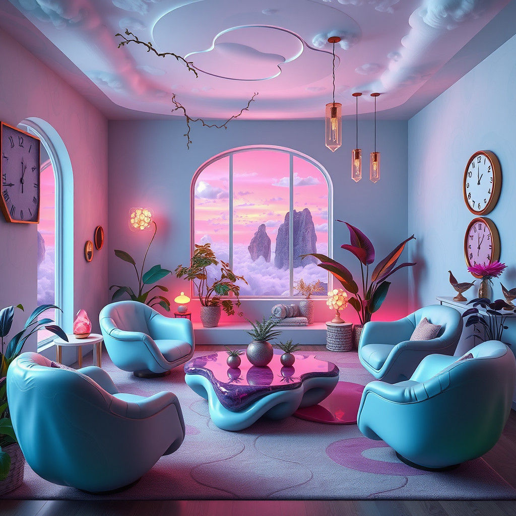 Surreal Living Room with Floating Furniture in Art Deco