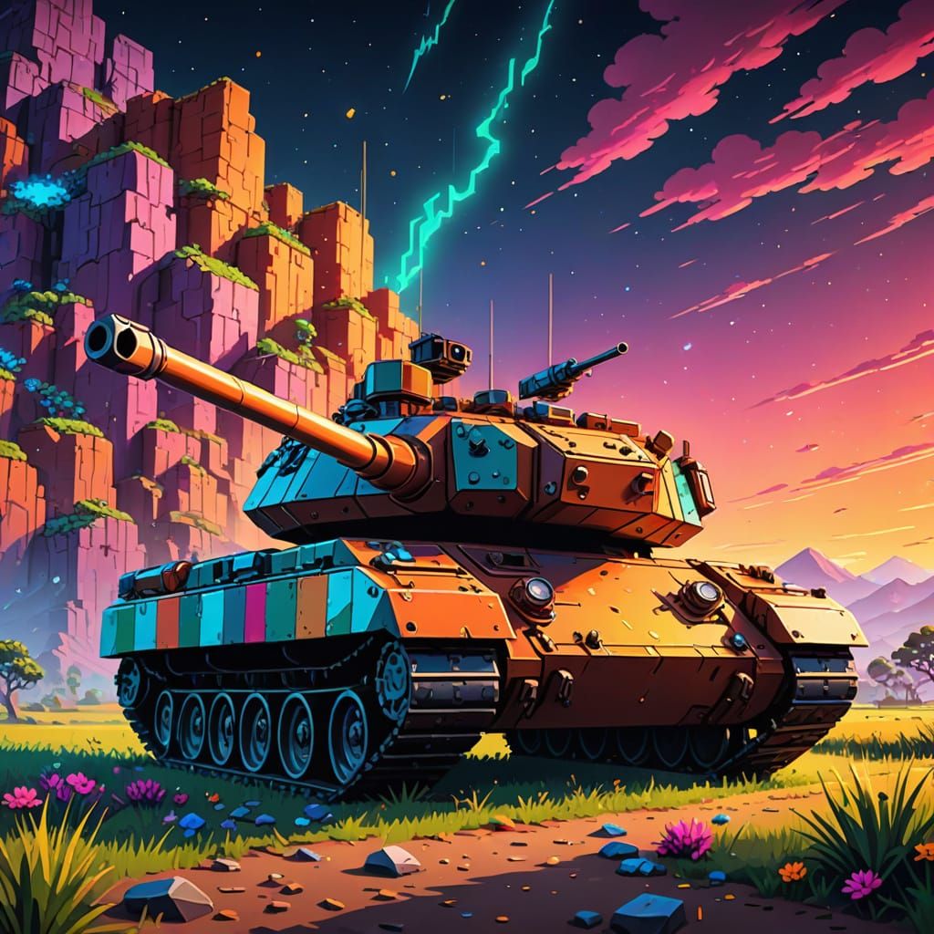 Vibrant Pixel Art Tank Shooting Cubes