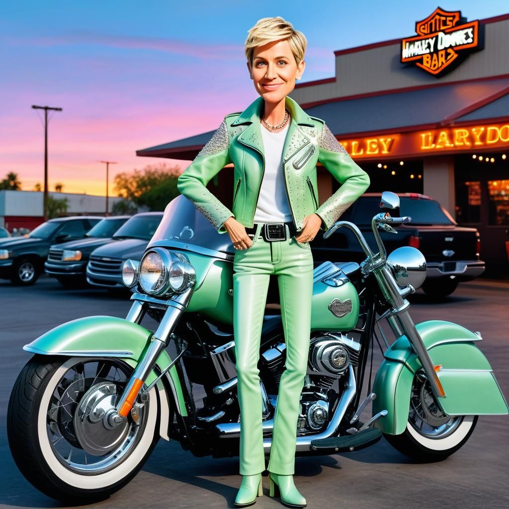 Claymation caricature cartoon masterpiece of one young ELLEN DEGENERES, AGE 30, WEARING GLITTERING PASTEL GREEN leather ...