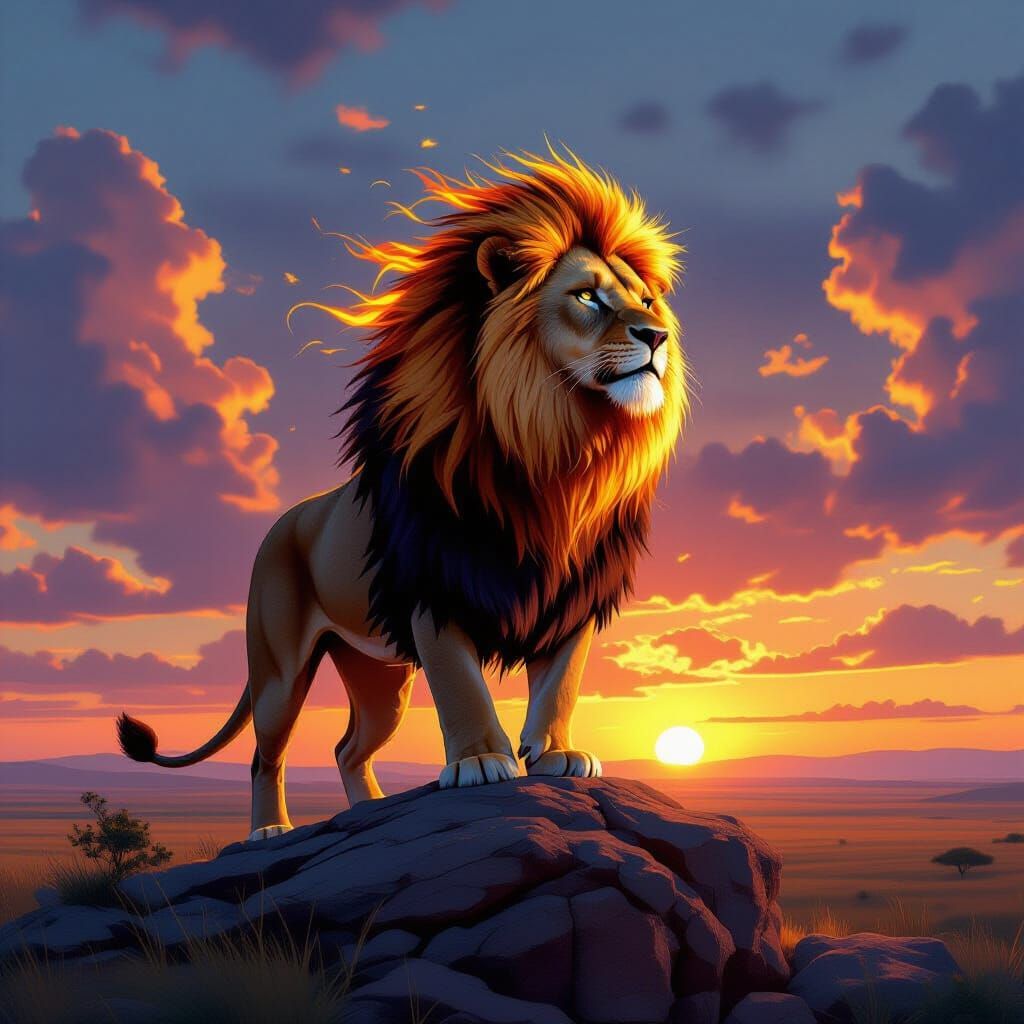Majestic Lion with Flaming Mane Overlooking Savanna