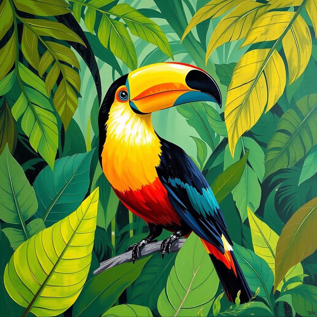 Vibrant Tropical Rainforest in Expressive Green Style with F...