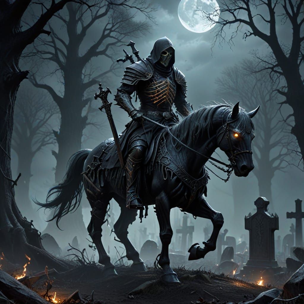 Spectral Knight Rides Skeletal Steed Through Haunted Graveya...