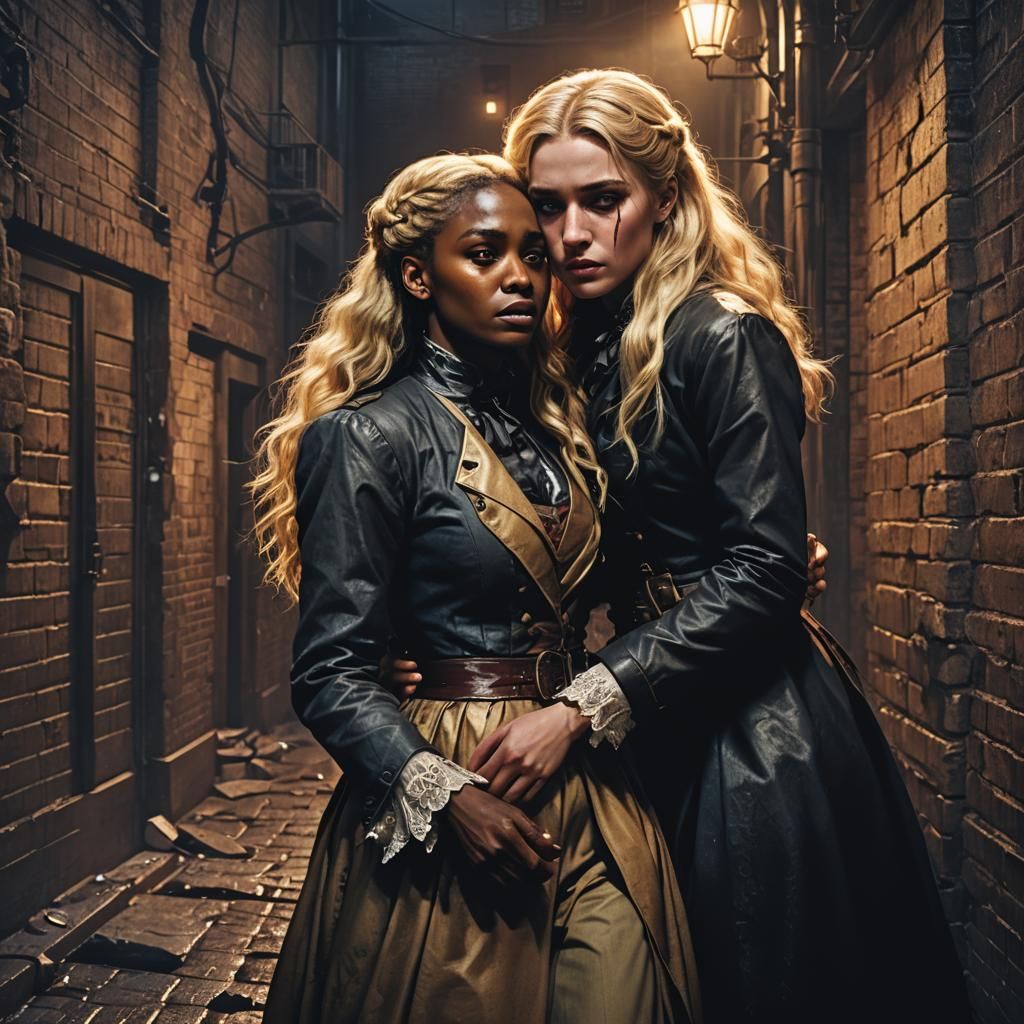 Victorian Women Trapped in Dark Alley: Fantasy Art