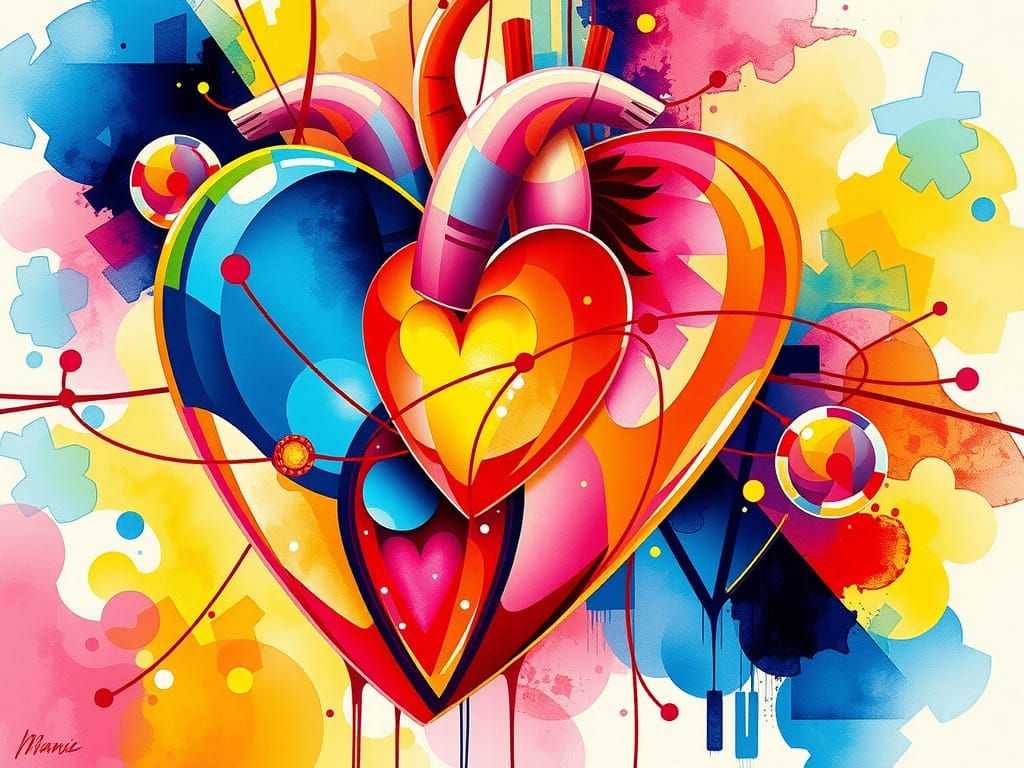 Surreal Futuristic Metropolis with Intersecting Hearts in Ne...