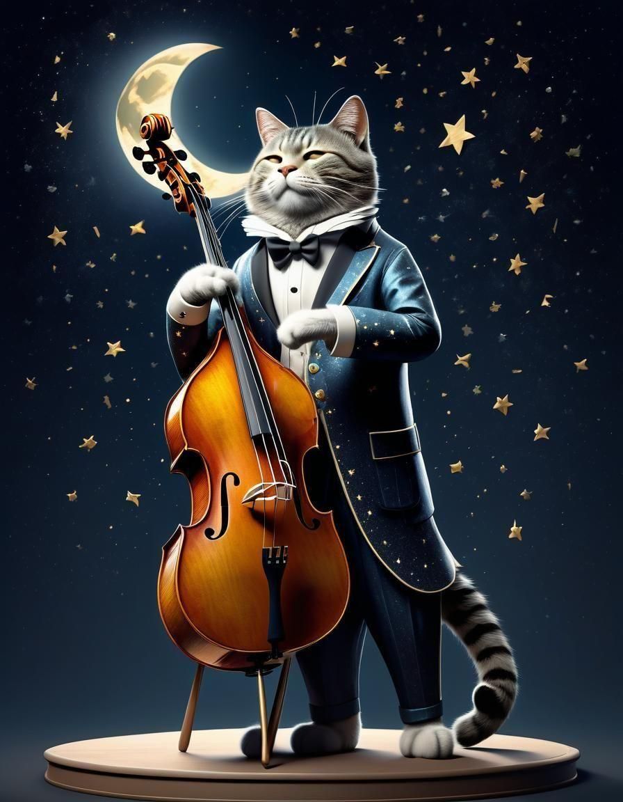 a masterpiece that conveys the emotions and energy that music evokes- a cat plays contrabass with his paws solo to the m...