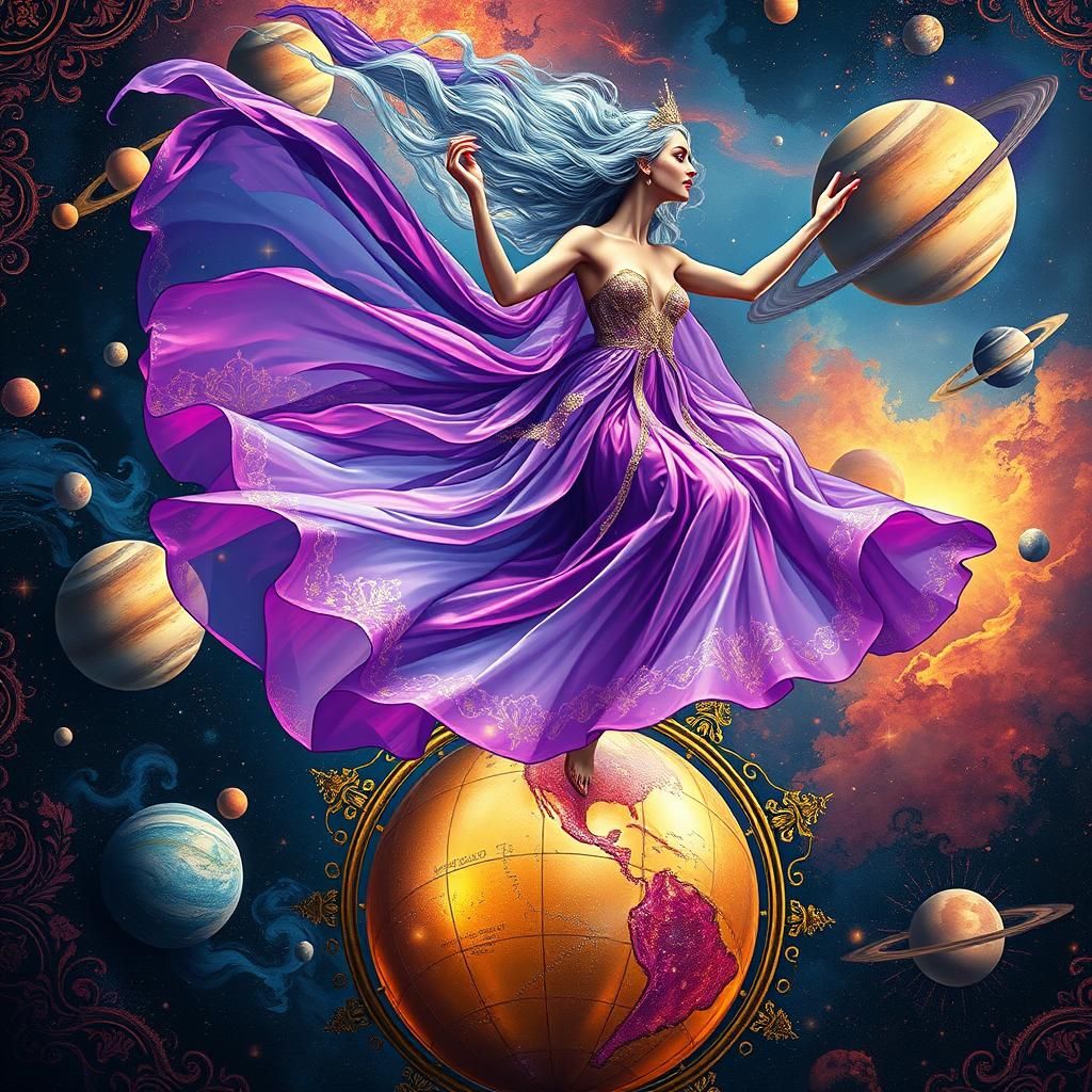 Luminescent Woman Dancing Above Iridescent Globe in Graffiti...