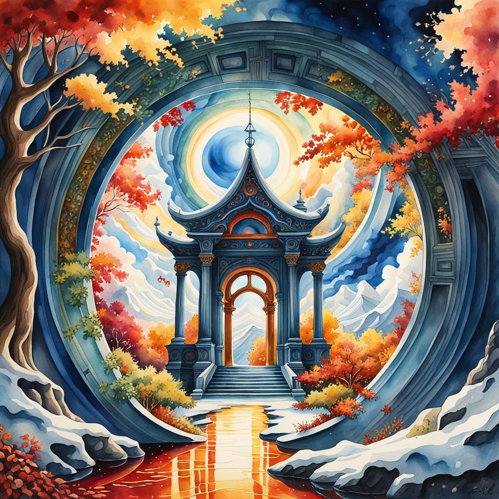 Surreal Four Seasons Portal in Watercolor Style