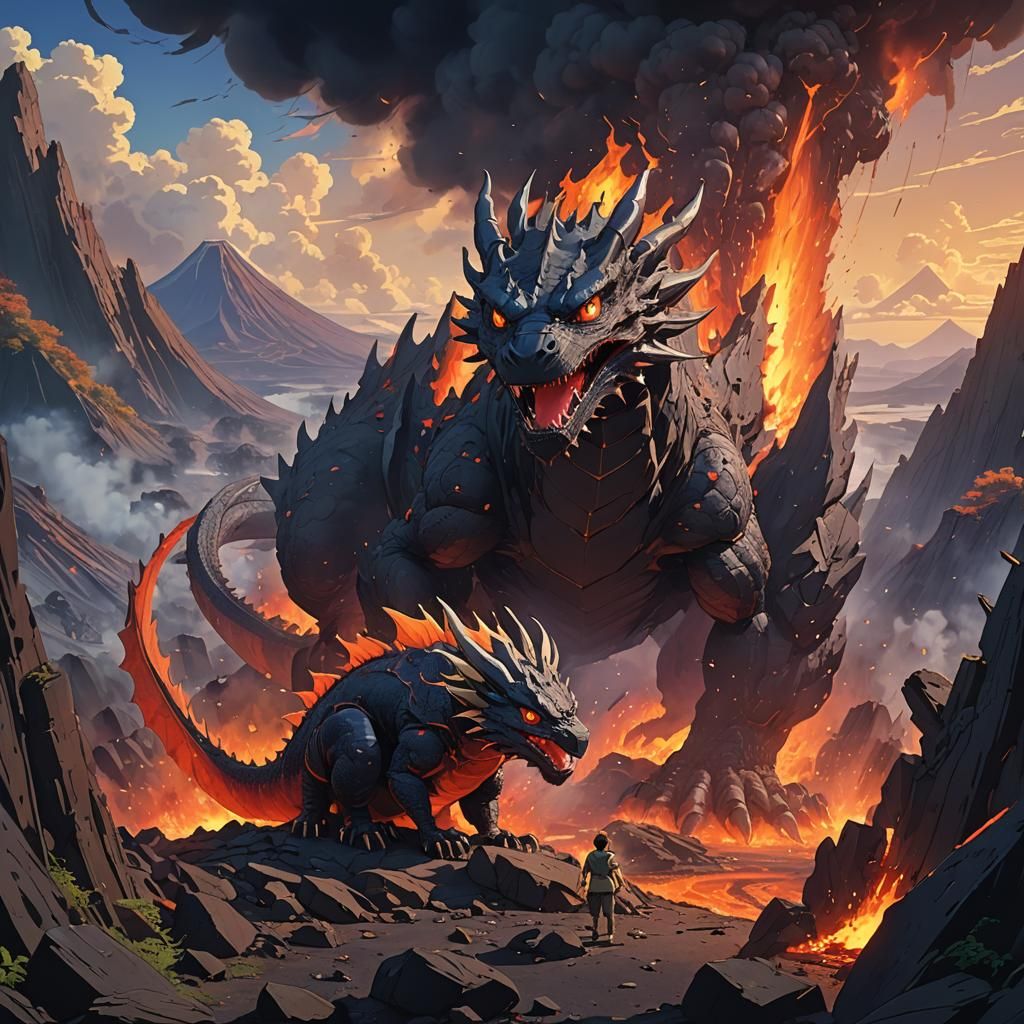 Lava Dragon in Volcano: Studio Ghibli Anime Art