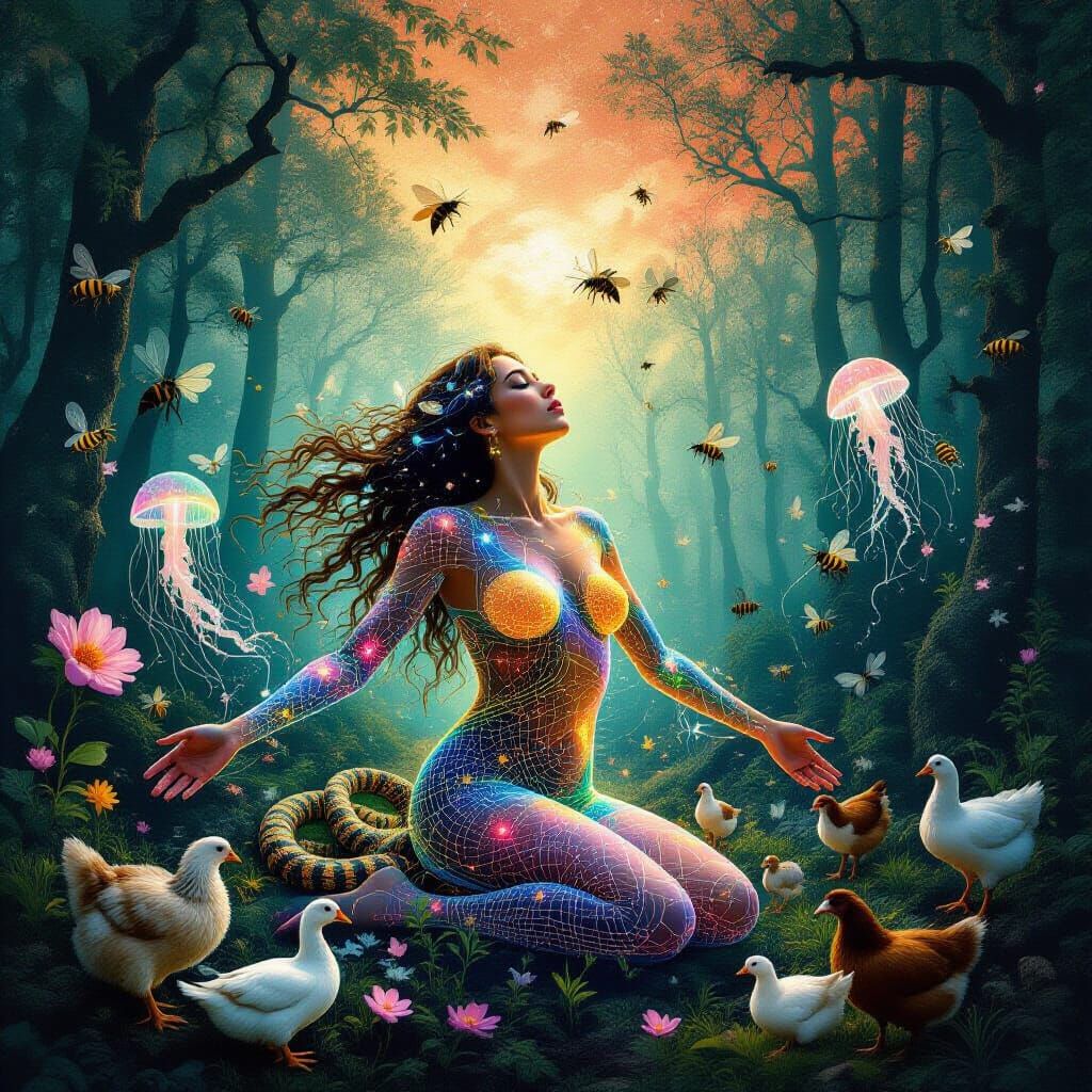 Surreal Woman in Trance Forest Bio-Art Collage