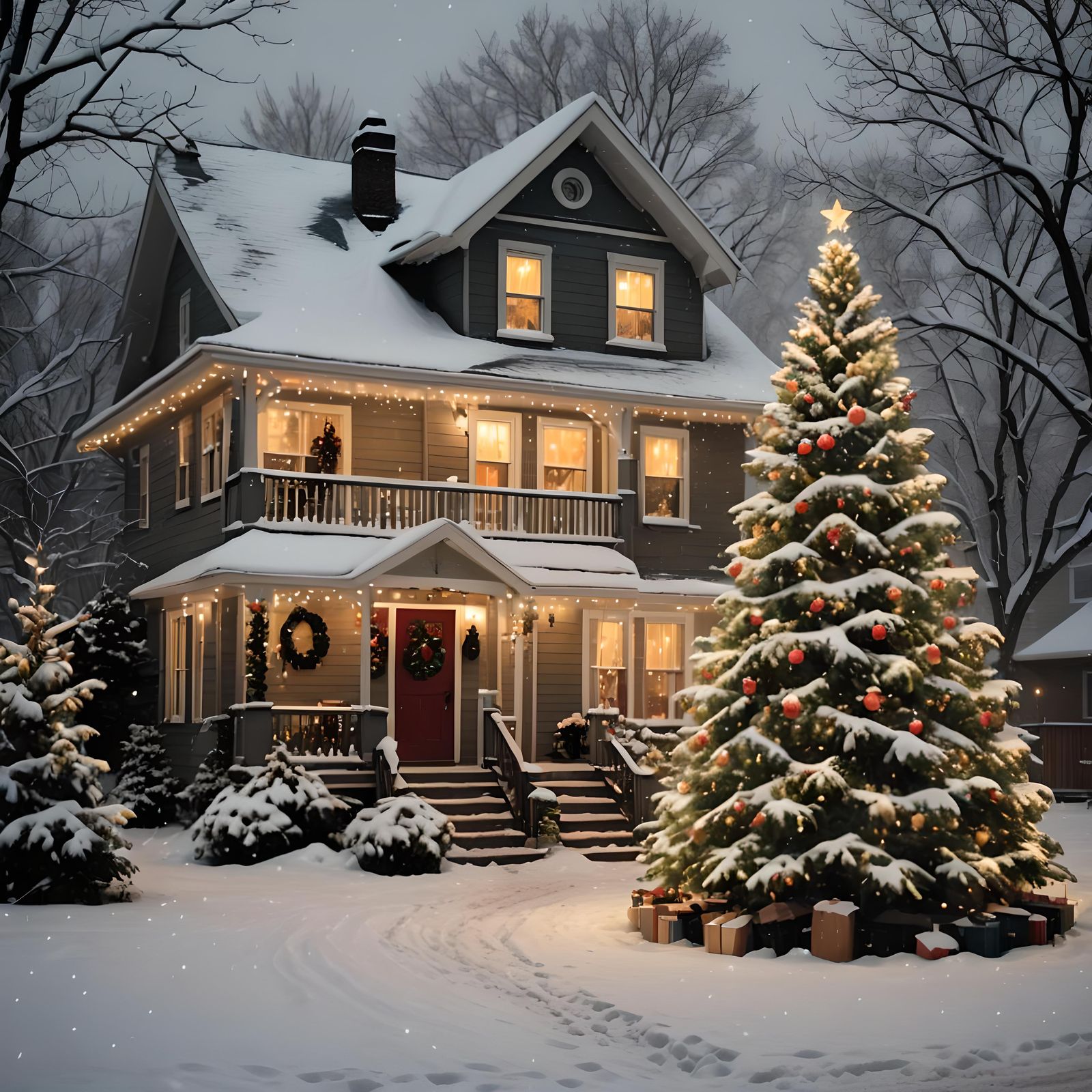 Christmas Tree in Snowy Yard at Night
