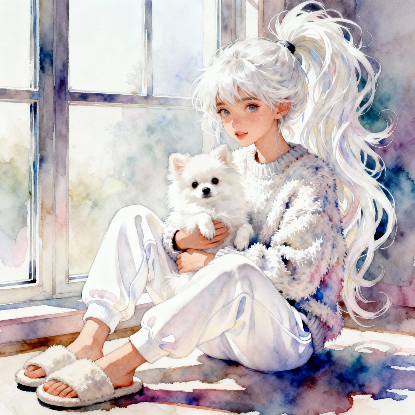 Girl With White Hair Holds Dog By Window In Watercolor Style