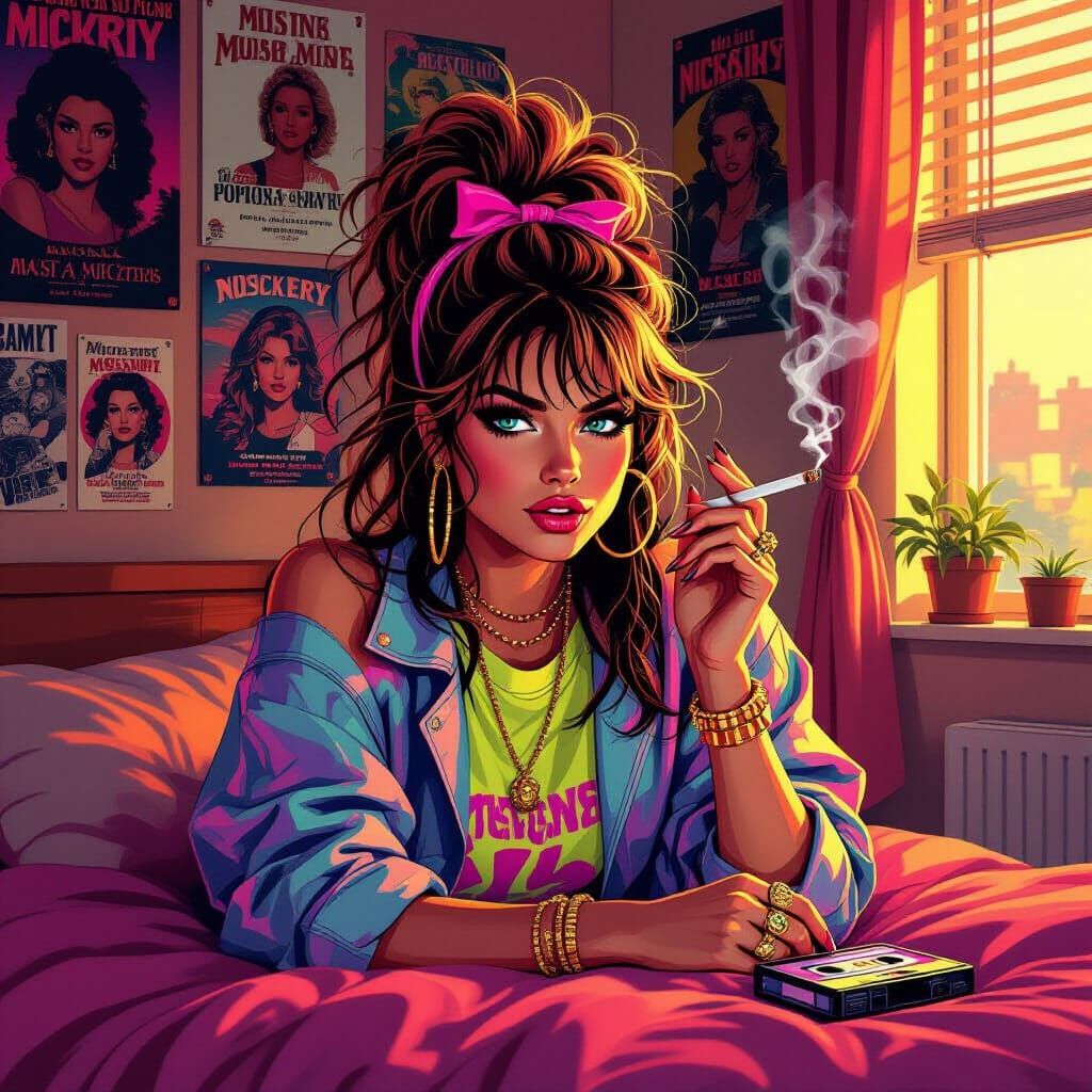 1985 Girl with Big Hair in Neon 80s Bedroom
