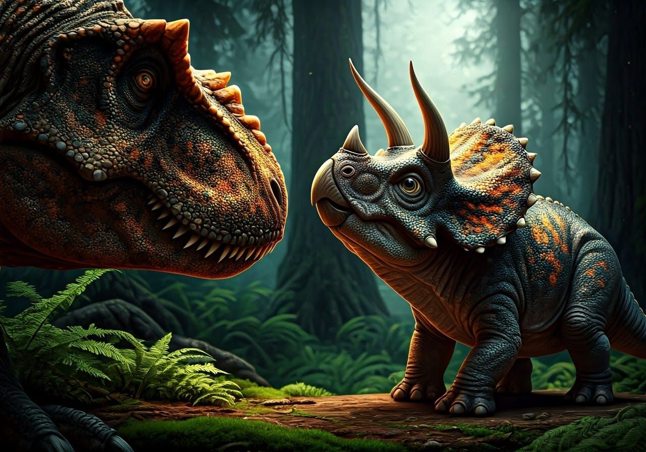 Breathtaking Hyper-Realistic Baby Triceratops Leans Against....